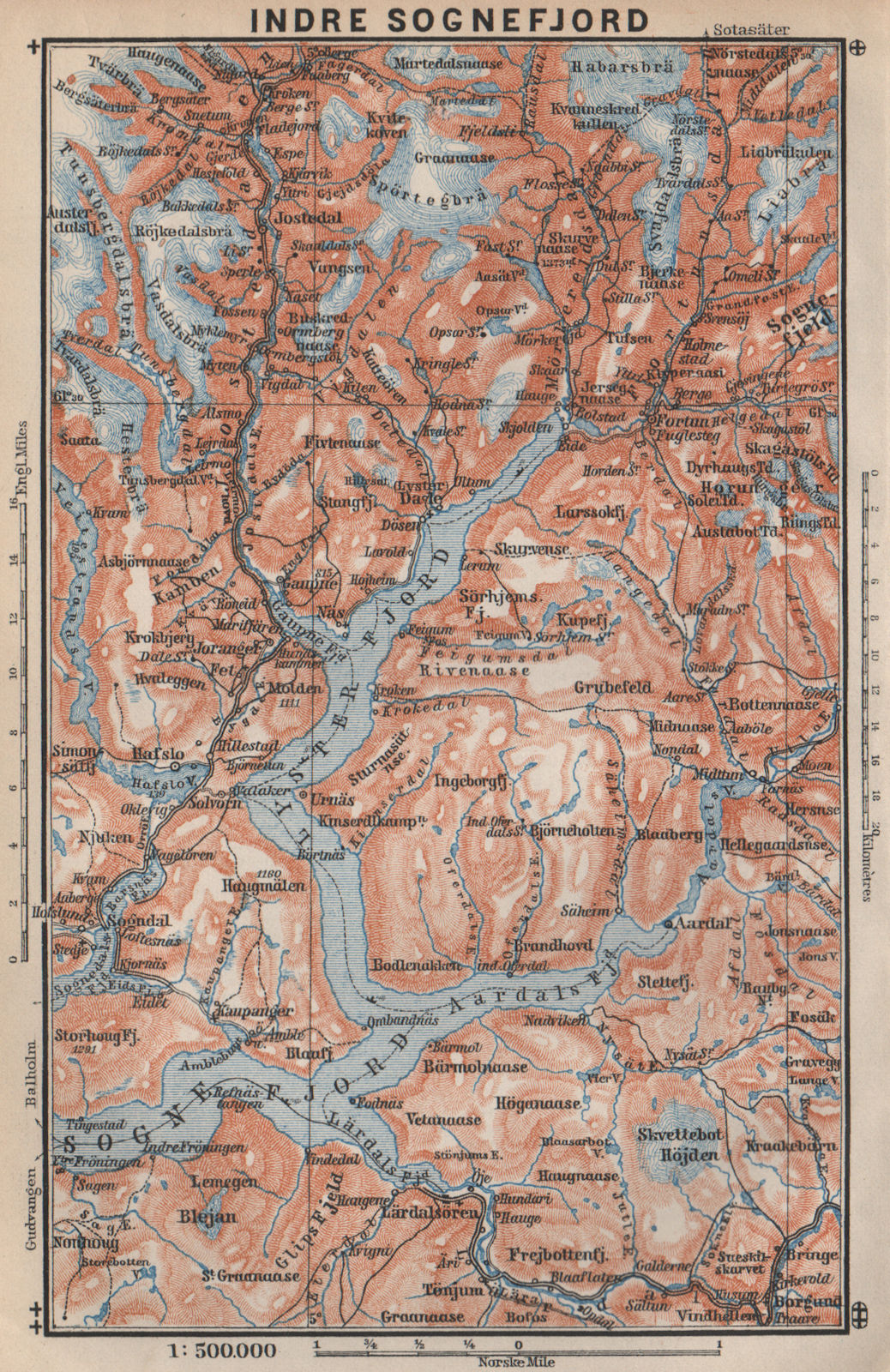 INNER SOGNEFJORD topo-map. Gaupne Luster Ardalstangen. Norway kart 1899